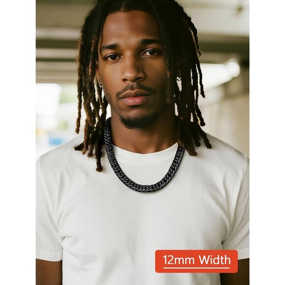 Men's 12mm Black Miami 14K Gold Plated Stainless Steel Cuban Chain Necklaces - Picture 4 of 7